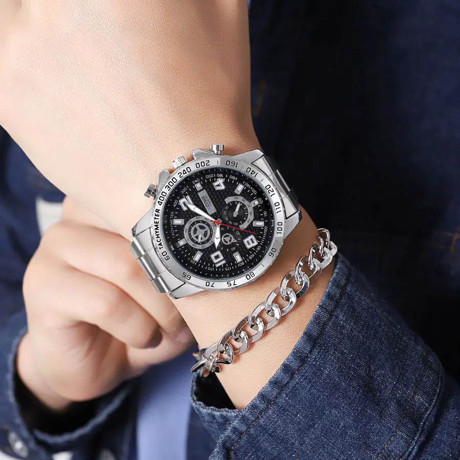 Men's Black Chronograph Watch with Stainless Steel Band