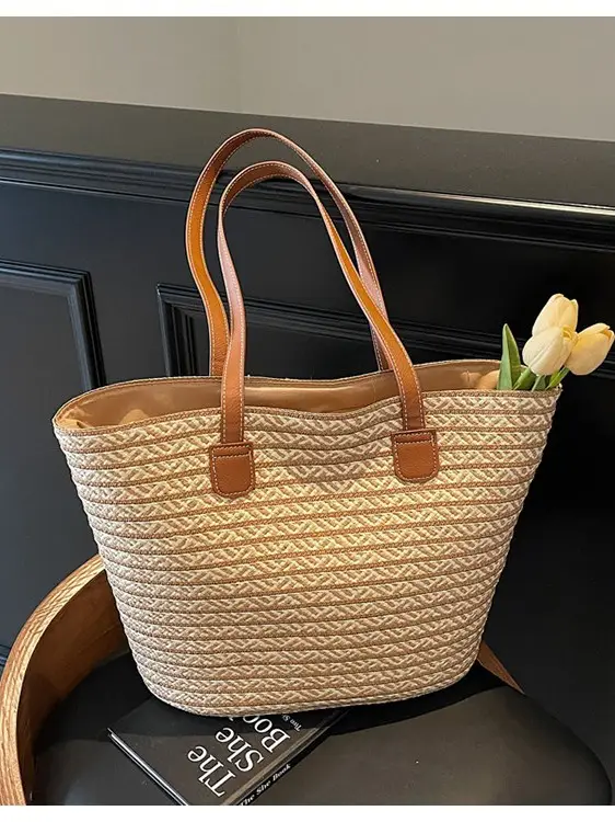 Women's Straw Crossbody Bag with Leather Handles - Image 3