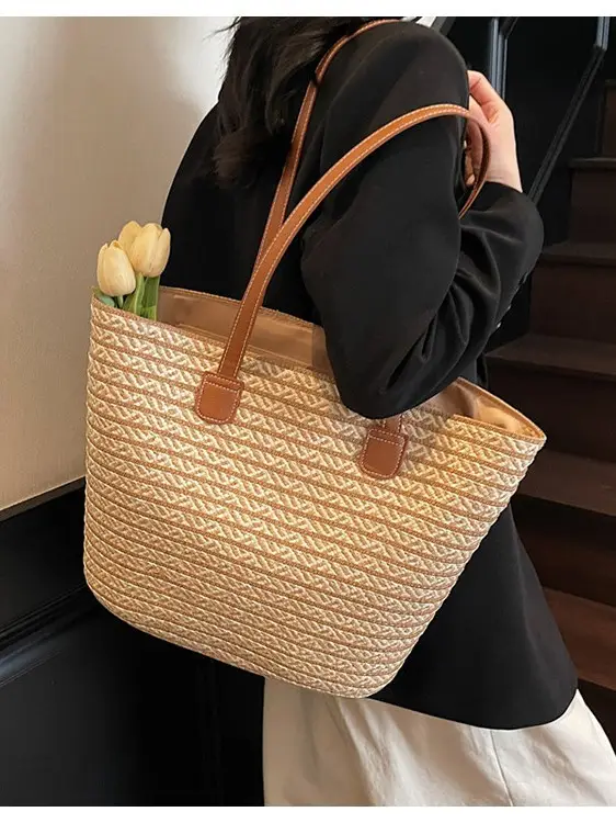 Women's Straw Crossbody Bag with Leather Handles - Image 5