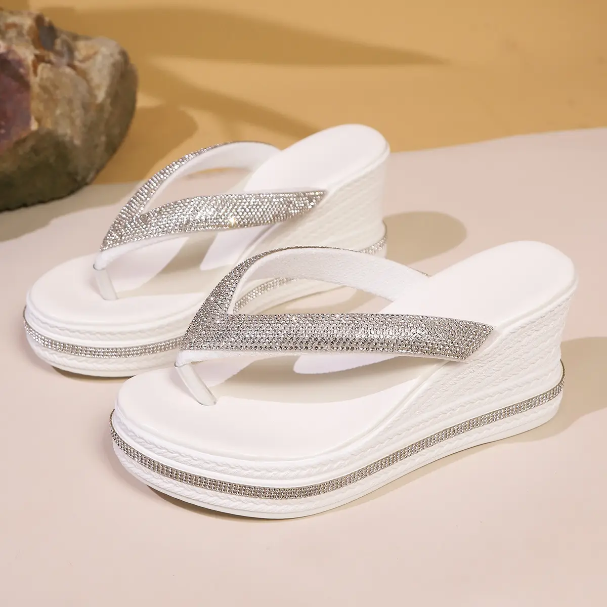 Women's White Rhinestone Wedge Sandals Round Toe 2025 — feature 12