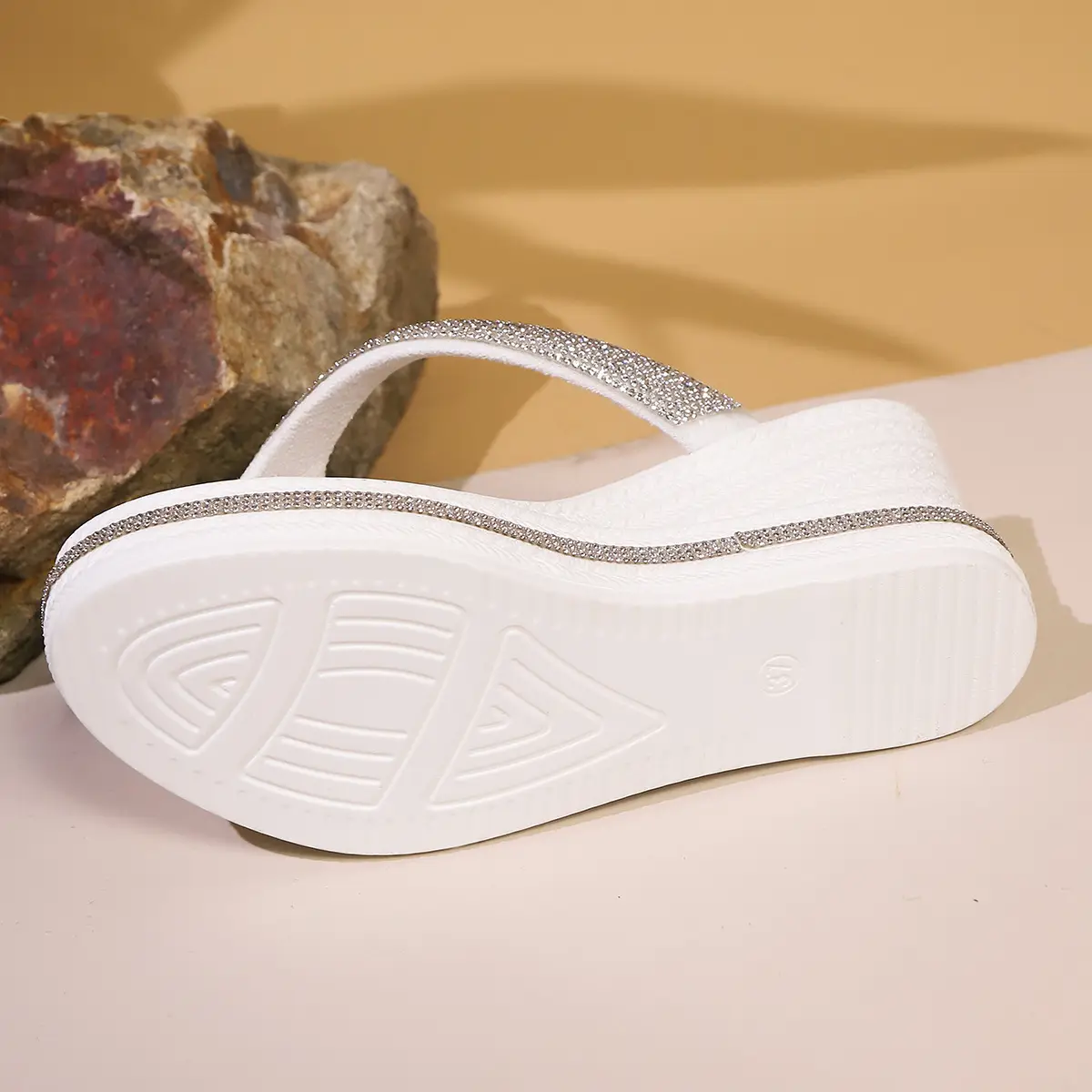Women's White Rhinestone Wedge Sandals Round Toe 2025 — feature 13