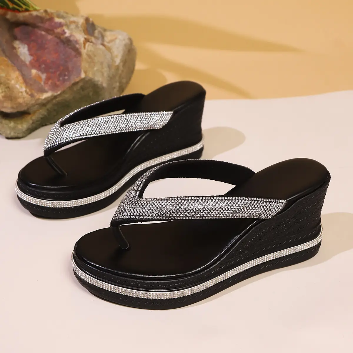 Women's White Rhinestone Wedge Sandals Round Toe 2025 — feature 6