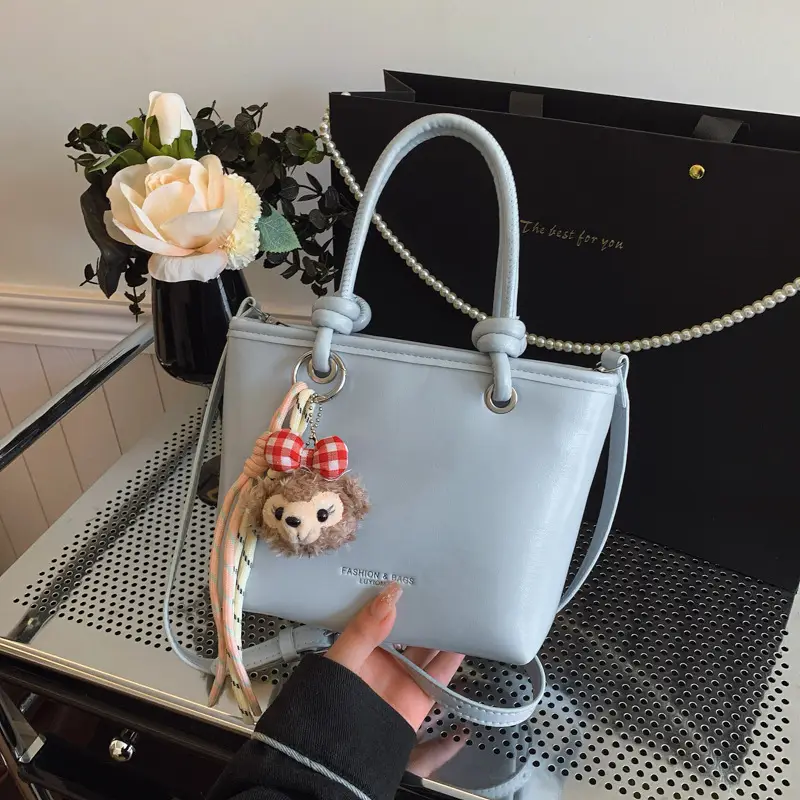 Light Blue Korean Style Shoulder Bag with Teddy Bear Charm - Image 9