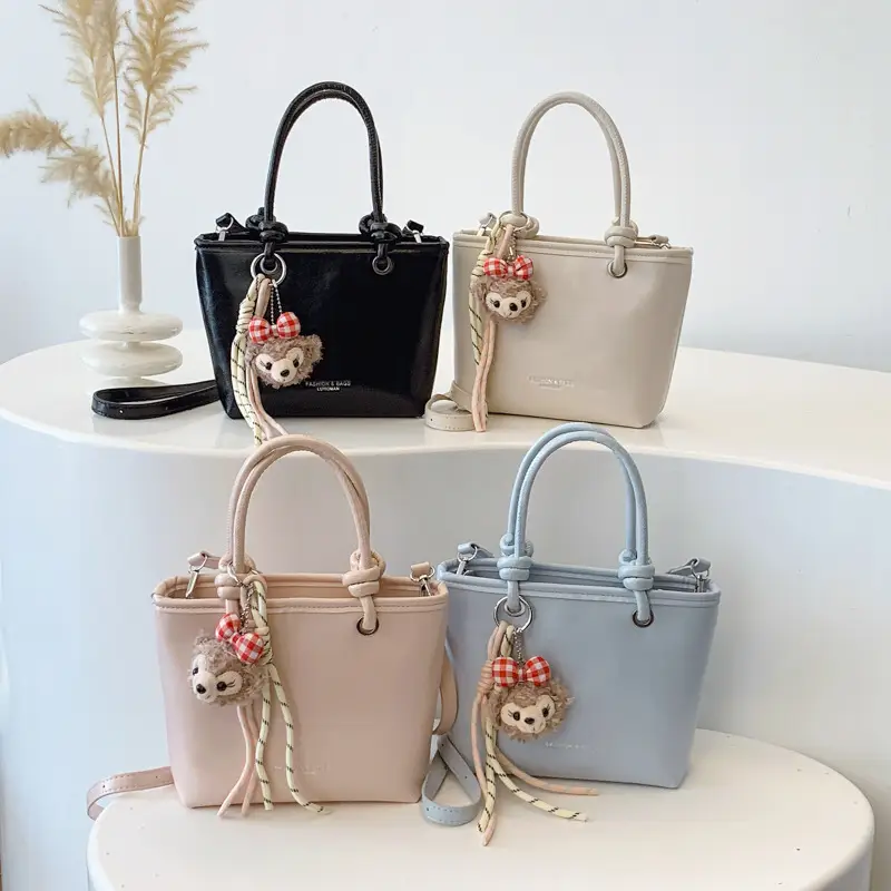 Light Blue Korean Style Shoulder Bag with Teddy Bear Charm - Image 12