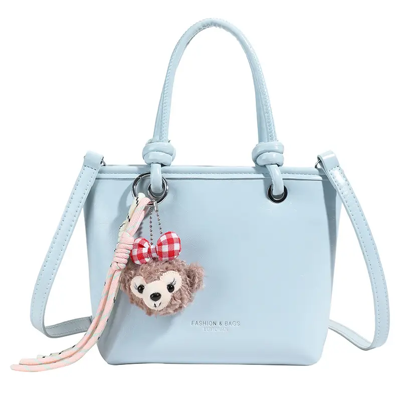 Light Blue Korean Style Shoulder Bag with Teddy Bear Charm - Image 8
