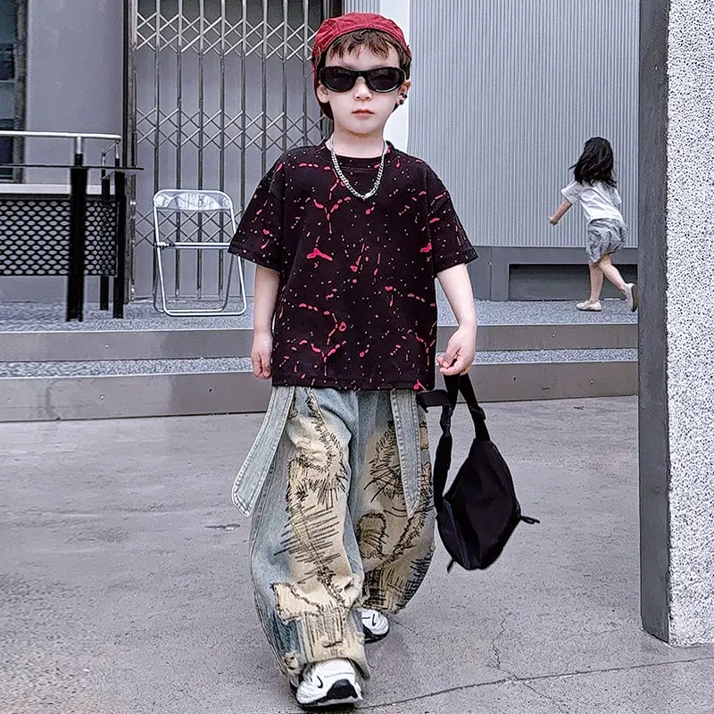 Boys 2-Piece Denim Suit Pink Wide Leg Pants Burnt Flower T-Shirt