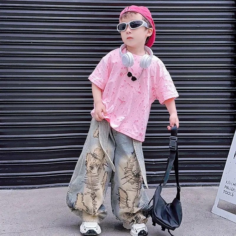 Boys 2-Piece Denim Suit Pink Wide Leg Pants Burnt Flower T-Shirt