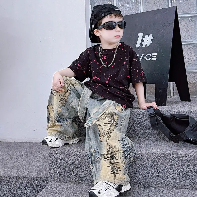 Boys 2-Piece Denim Suit Pink Wide Leg Pants Burnt Flower T-Shirt