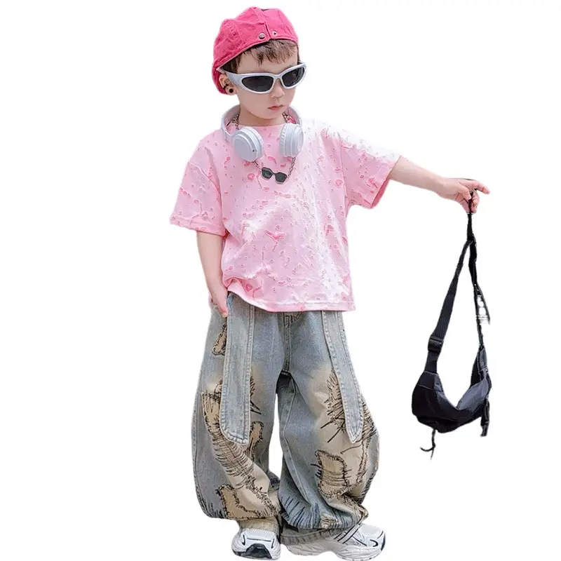Boys 2-Piece Denim Suit Pink Wide Leg Pants Burnt Flower T-Shirt
