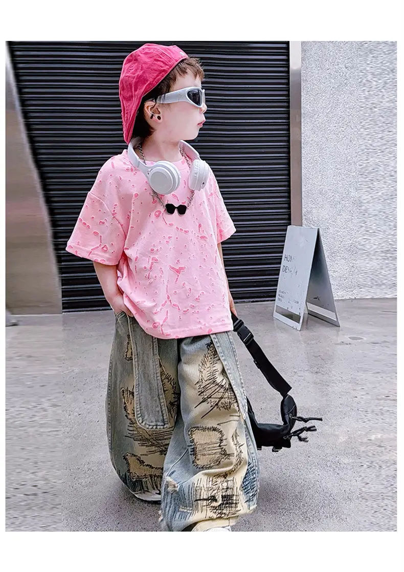 Boys 2-Piece Denim Suit Pink Wide Leg Pants Burnt Flower T-Shirt — feature 12