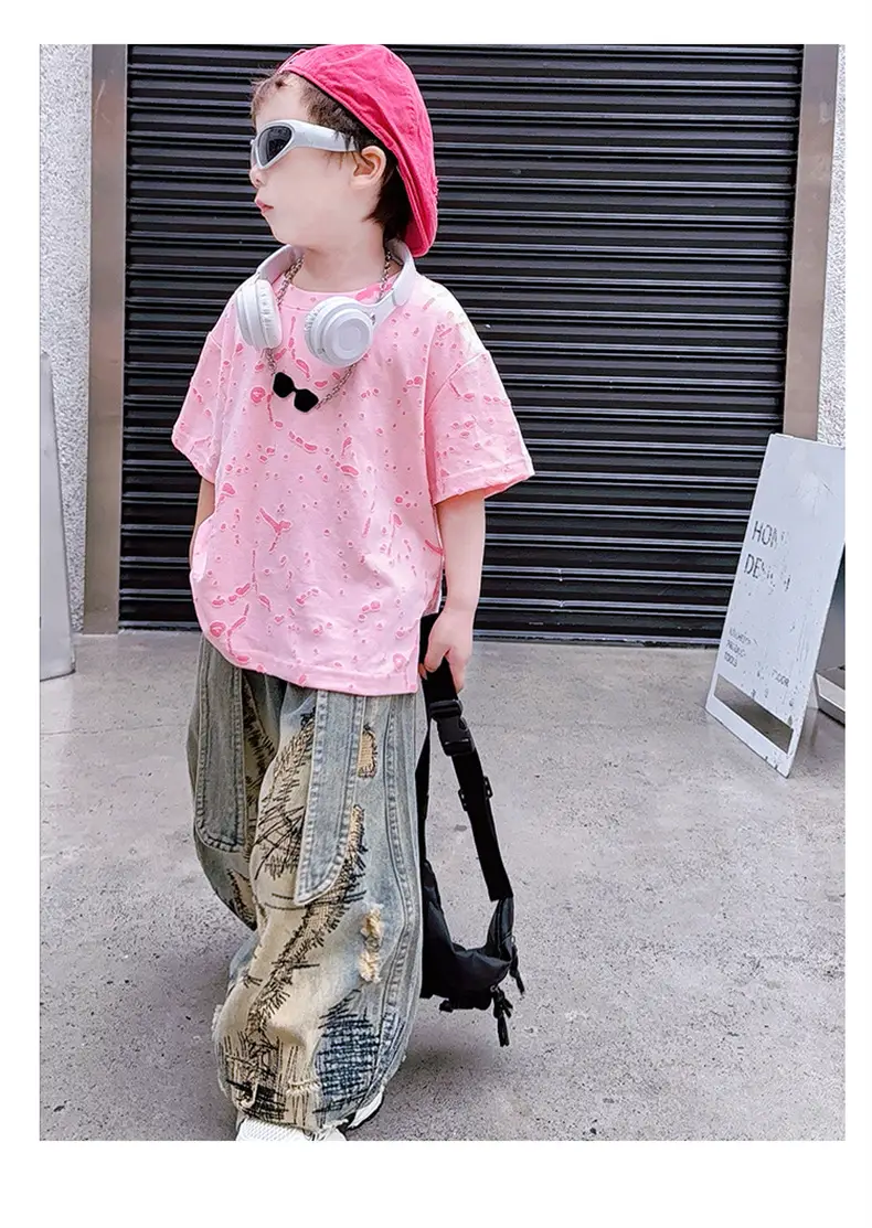 Boys 2-Piece Denim Suit Pink Wide Leg Pants Burnt Flower T-Shirt — feature 13