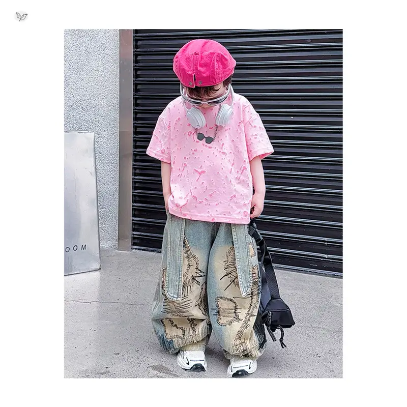 Boys 2-Piece Denim Suit Pink Wide Leg Pants Burnt Flower T-Shirt — feature 14