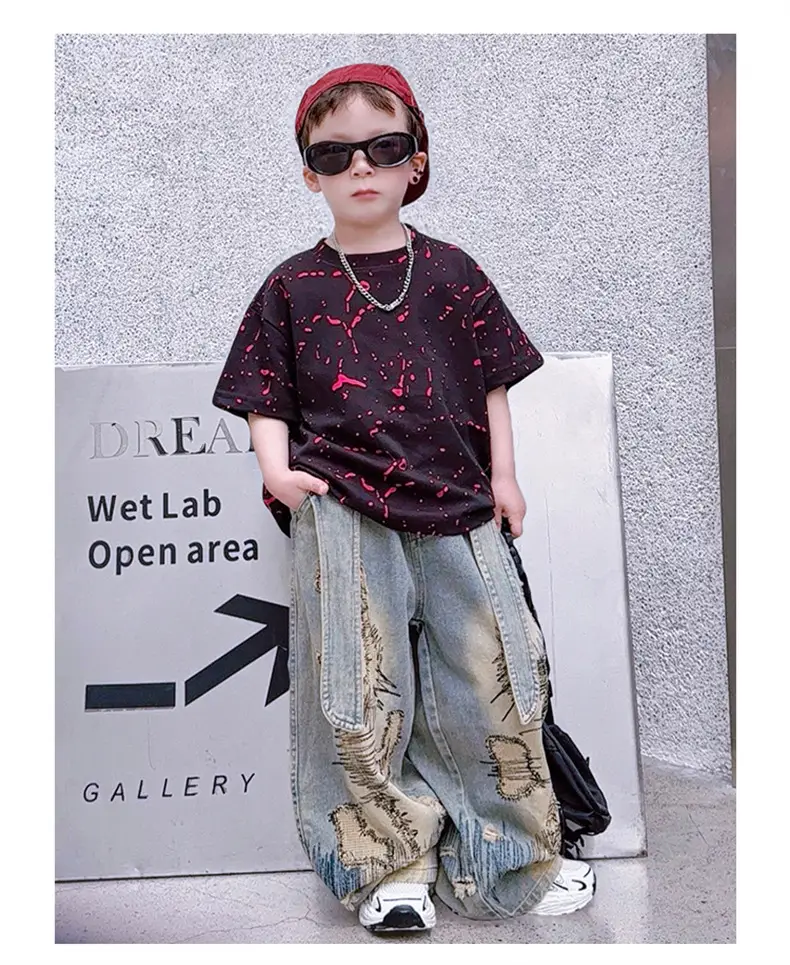 Boys 2-Piece Denim Suit Pink Wide Leg Pants Burnt Flower T-Shirt — feature 15