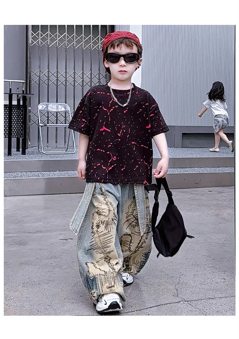 Boys 2-Piece Denim Suit Pink Wide Leg Pants Burnt Flower T-Shirt — feature 16