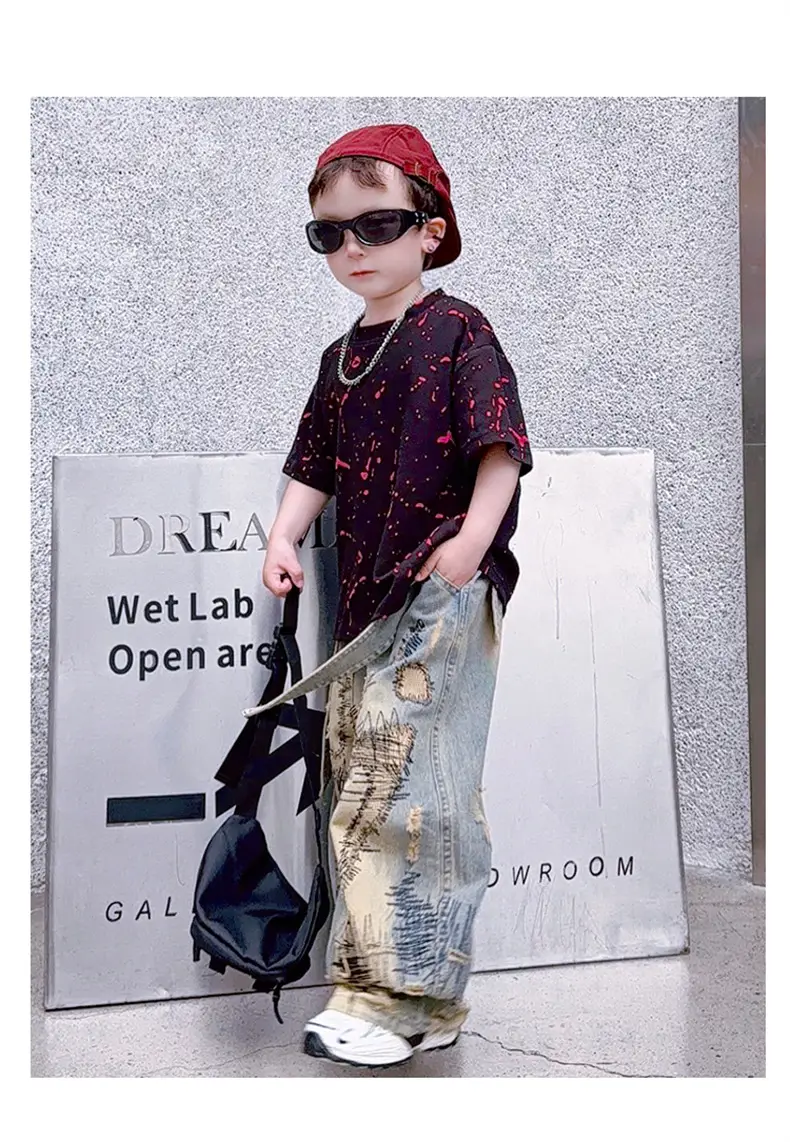 Boys 2-Piece Denim Suit Pink Wide Leg Pants Burnt Flower T-Shirt — feature 17
