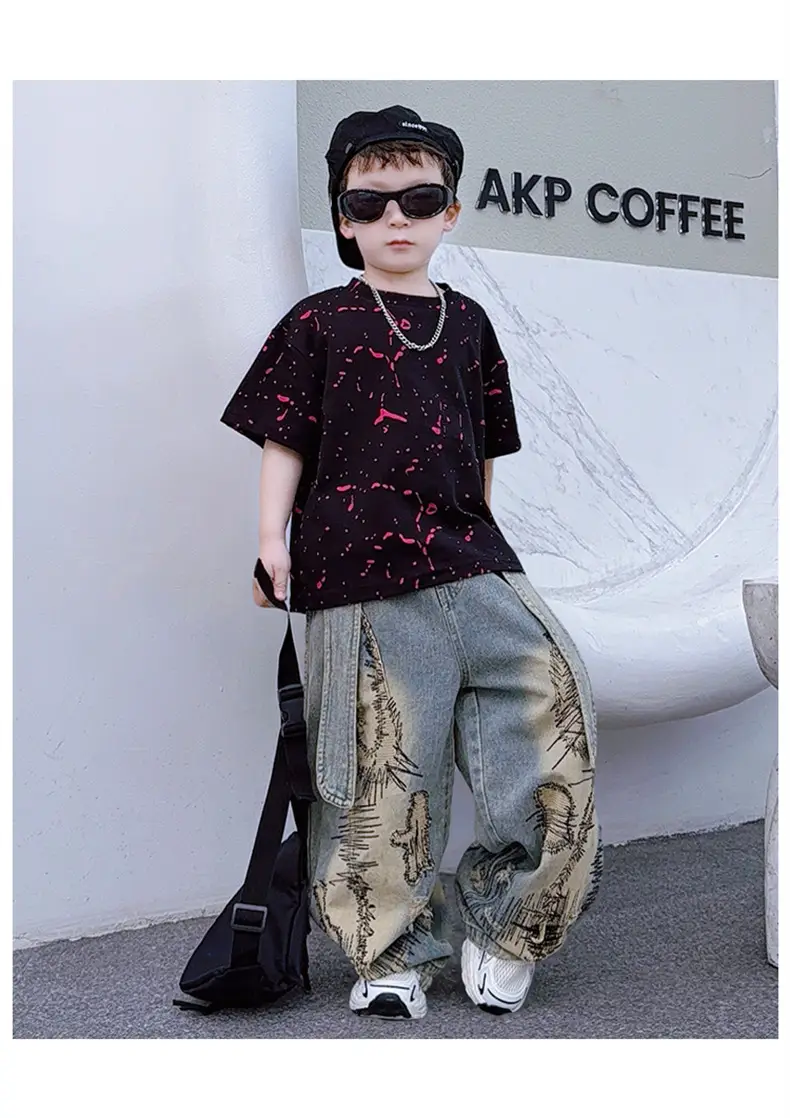 Boys 2-Piece Denim Suit Pink Wide Leg Pants Burnt Flower T-Shirt — feature 18