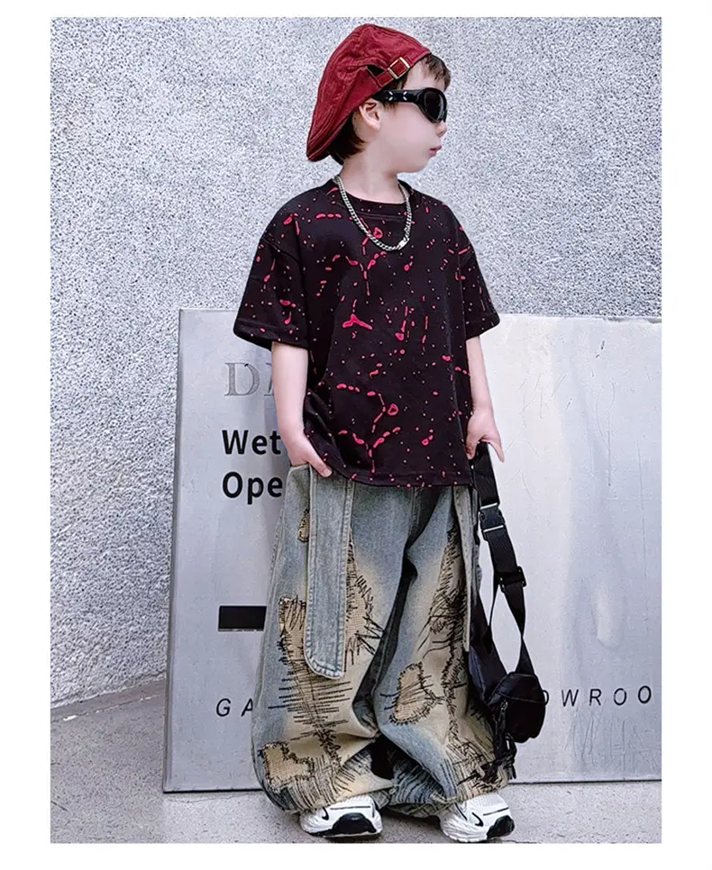 Boys 2-Piece Denim Suit Pink Wide Leg Pants Burnt Flower T-Shirt — feature 19