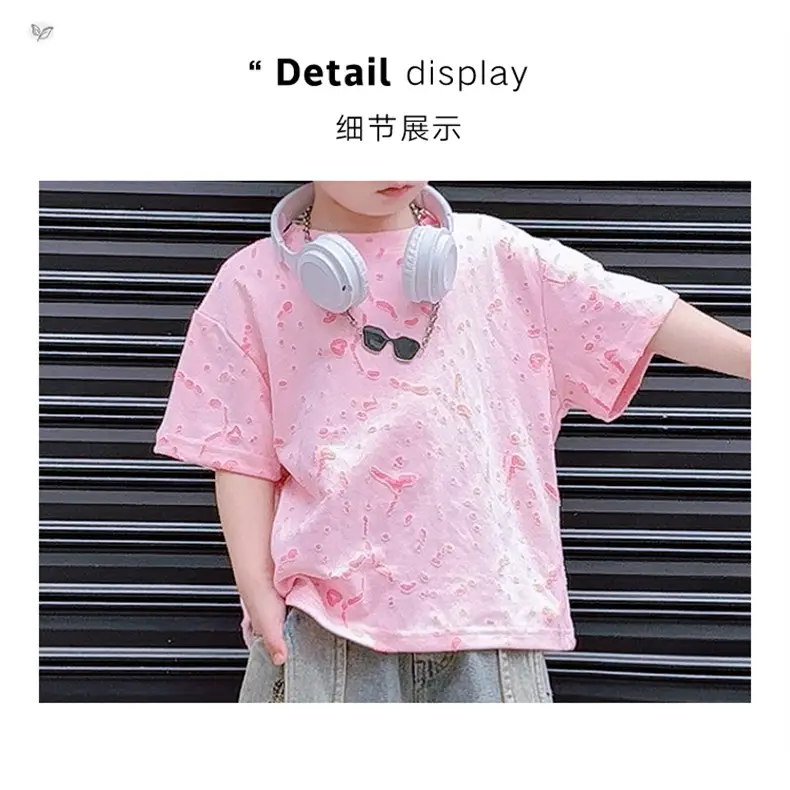 Boys 2-Piece Denim Suit Pink Wide Leg Pants Burnt Flower T-Shirt — feature 20