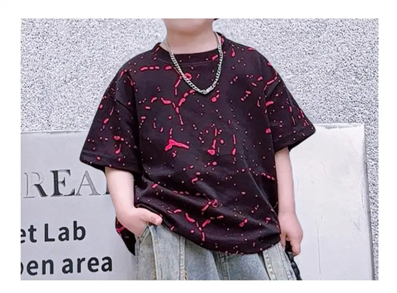 Boys 2-Piece Denim Suit Pink Wide Leg Pants Burnt Flower T-Shirt — feature 22