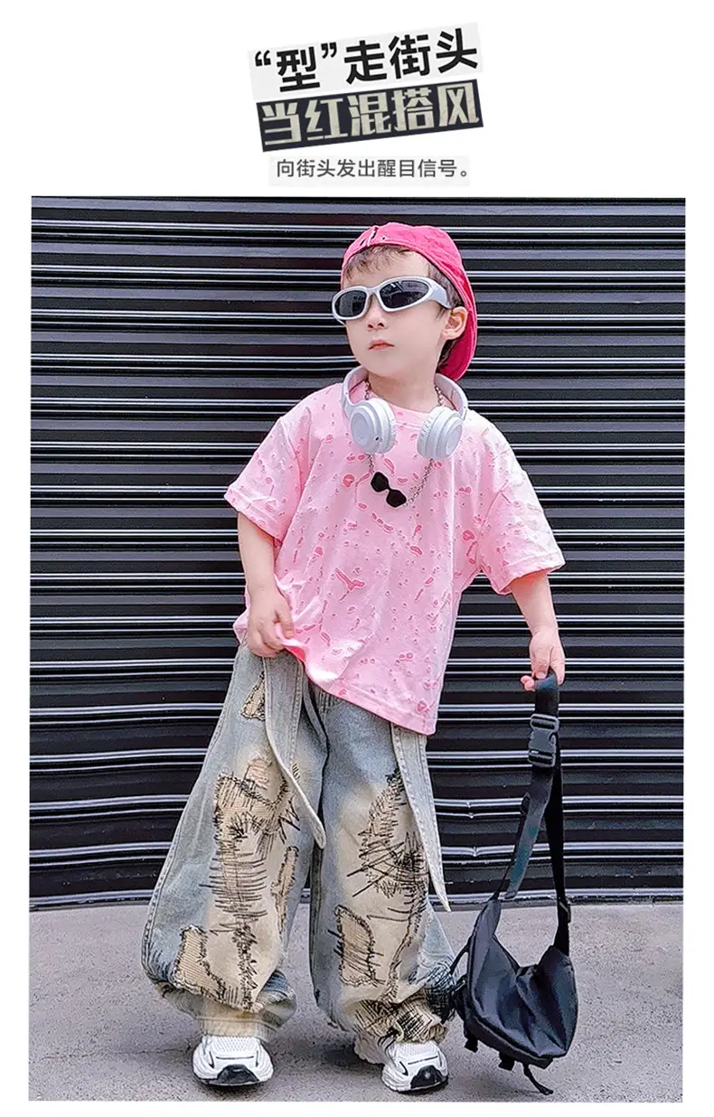 Boys 2-Piece Denim Suit Pink Wide Leg Pants Burnt Flower T-Shirt — feature 3