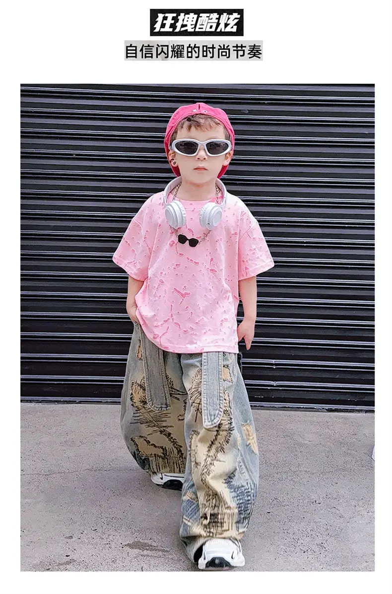 Boys 2-Piece Denim Suit Pink Wide Leg Pants Burnt Flower T-Shirt — feature 4
