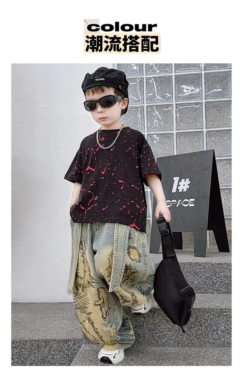 Boys 2-Piece Denim Suit Pink Wide Leg Pants Burnt Flower T-Shirt — feature 5