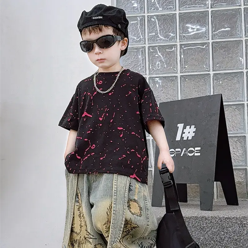 Boys 2-Piece Denim Suit Pink Wide Leg Pants Burnt Flower T-Shirt