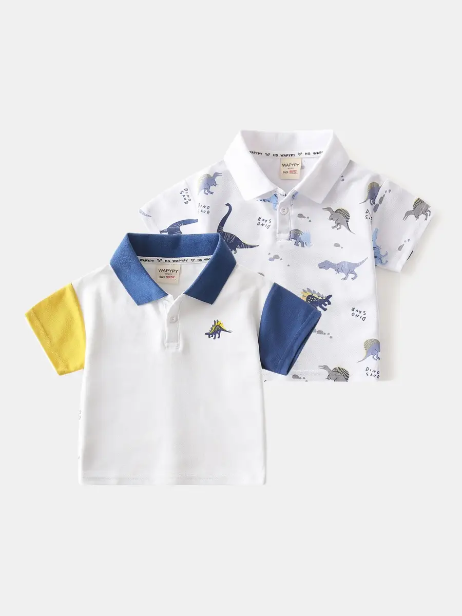 Children's Blue Yellow Dinosaur Polo T-Shirt - Image 4