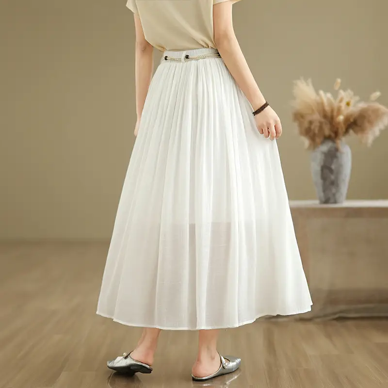 Women's White High-Waist Pleated Skirt with Belt