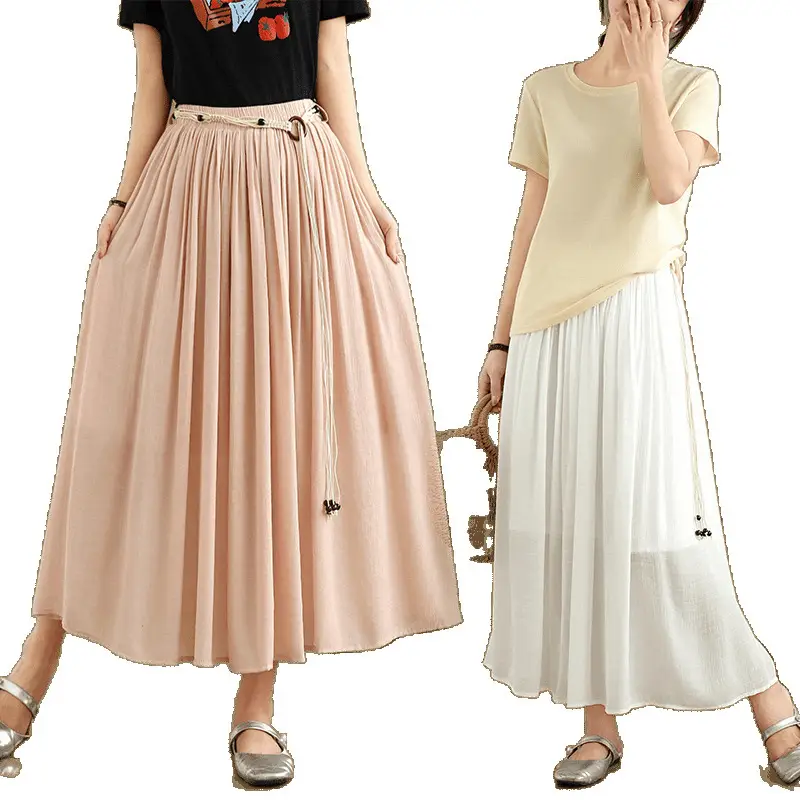 Women's White High-Waist Pleated Skirt with Belt