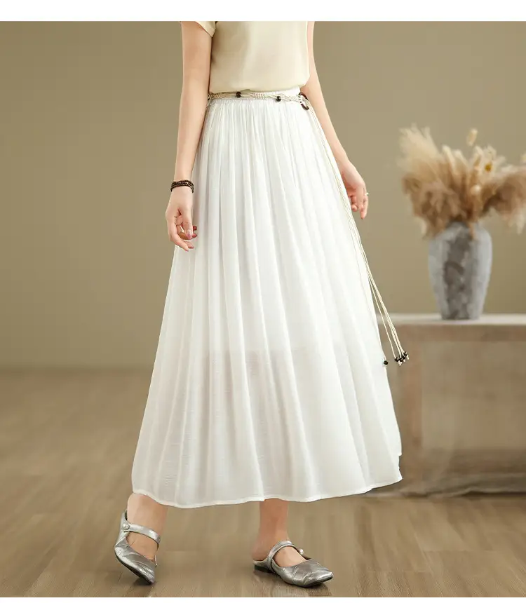 Women's White High-Waist Pleated Skirt with Belt — feature 13