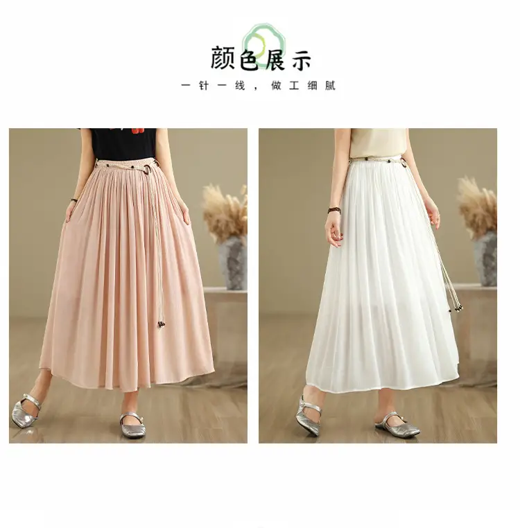 Women's White High-Waist Pleated Skirt with Belt — feature 4