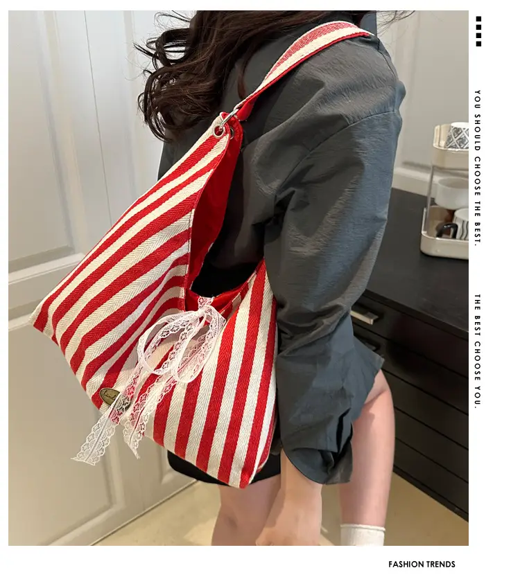 Red White Striped Lazy Fashion Tote Bag — feature 1