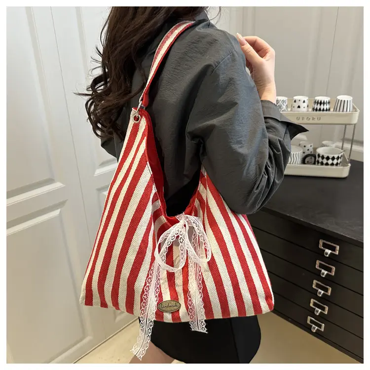 Red White Striped Lazy Fashion Tote Bag — feature 10