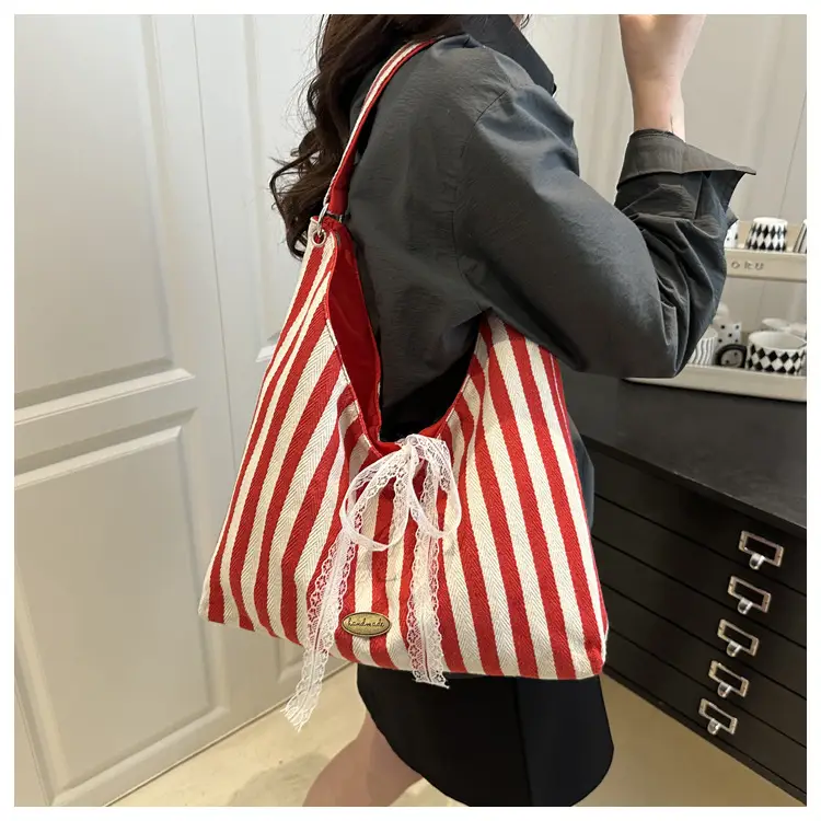 Red White Striped Lazy Fashion Tote Bag — feature 11