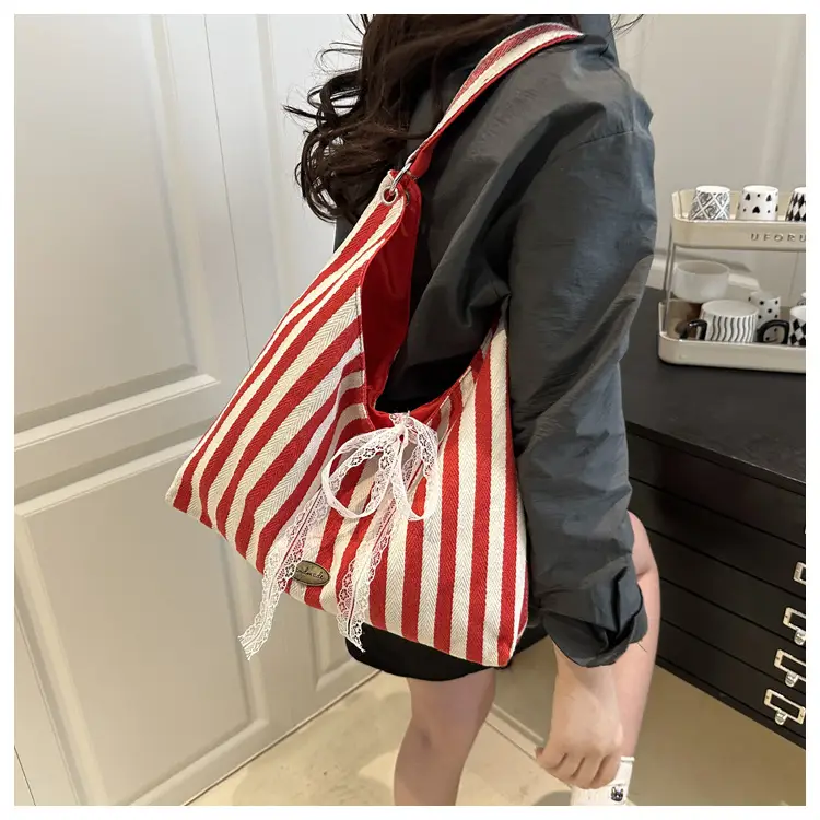 Red White Striped Lazy Fashion Tote Bag — feature 12