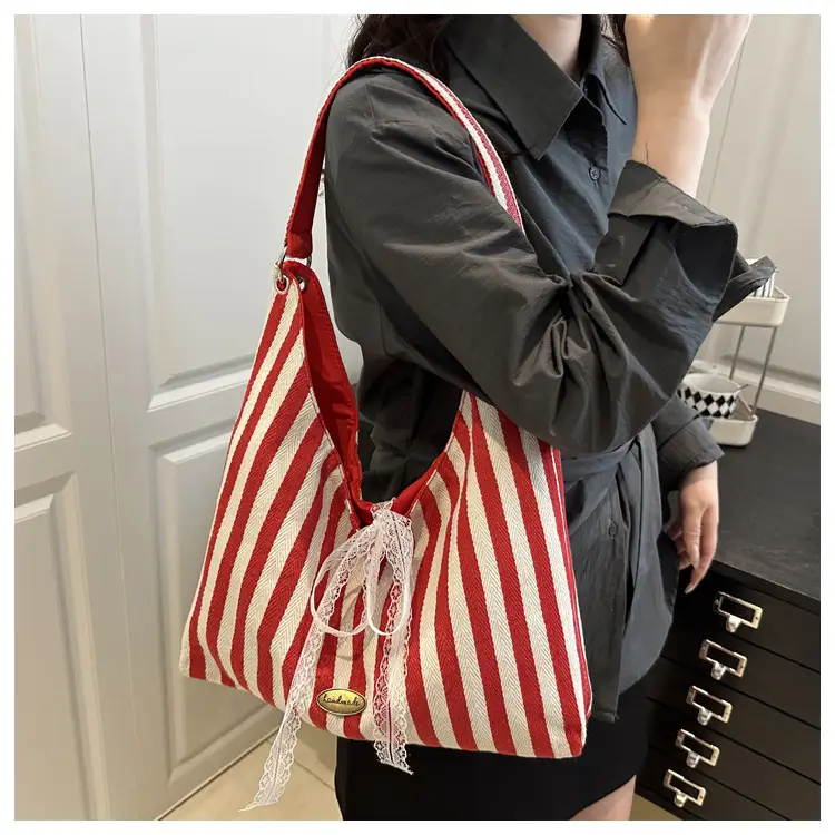 Red White Striped Lazy Fashion Tote Bag — feature 13