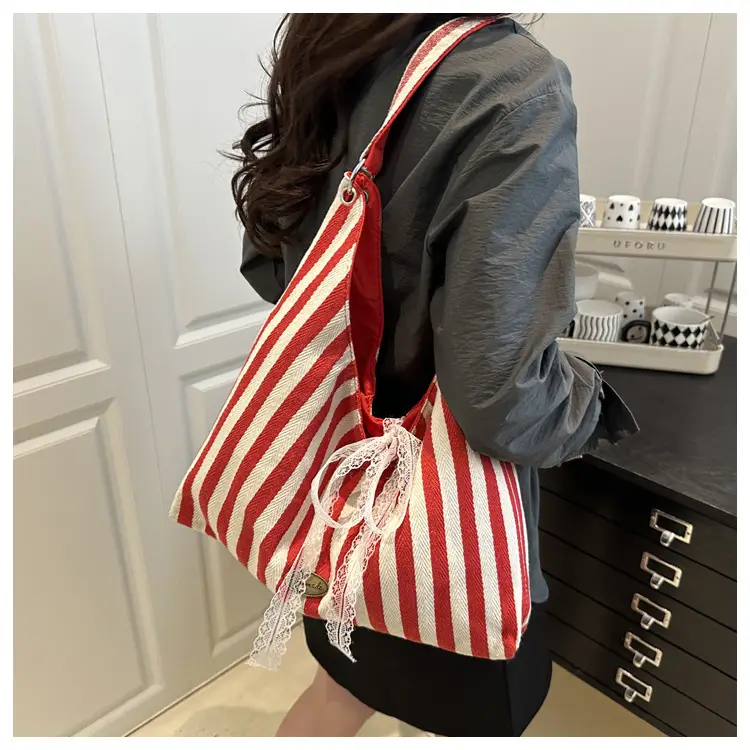 Red White Striped Lazy Fashion Tote Bag — feature 14