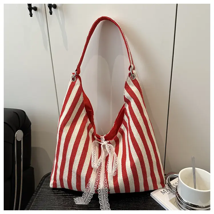Red White Striped Lazy Fashion Tote Bag — feature 23