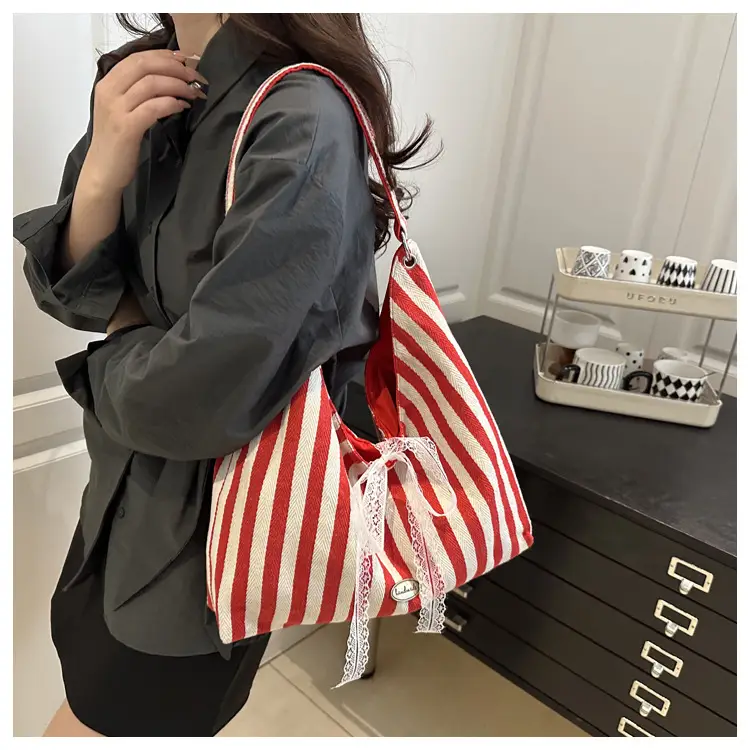 Red White Striped Lazy Fashion Tote Bag — feature 9