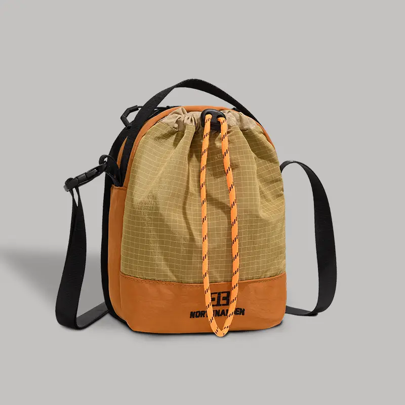 Fashionable Orange Brown Crossbody Phone Bag with Drawstring Closure - Image 7