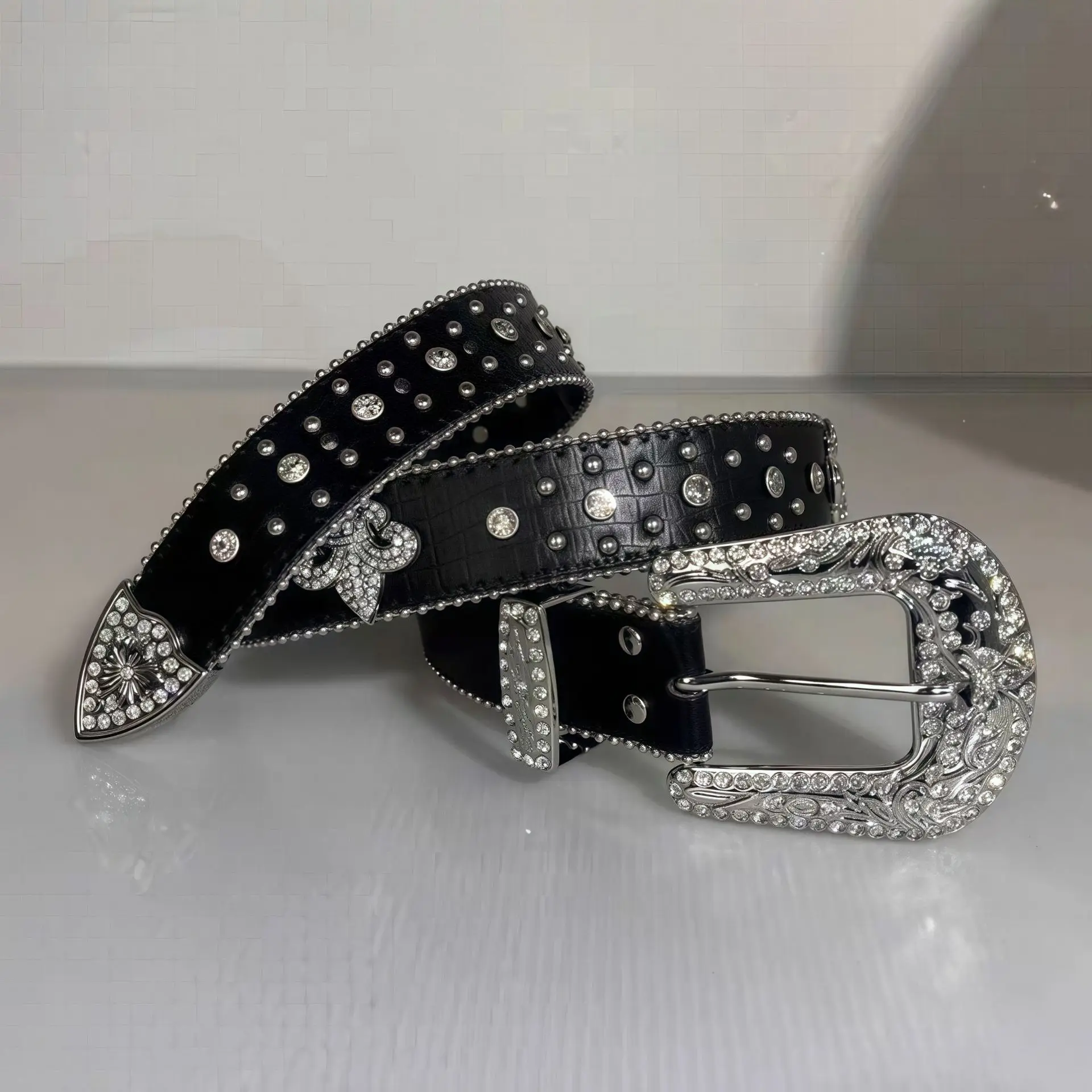 Diamond Encrusted Black Belt Cross Mirror Hot Style - Image 5