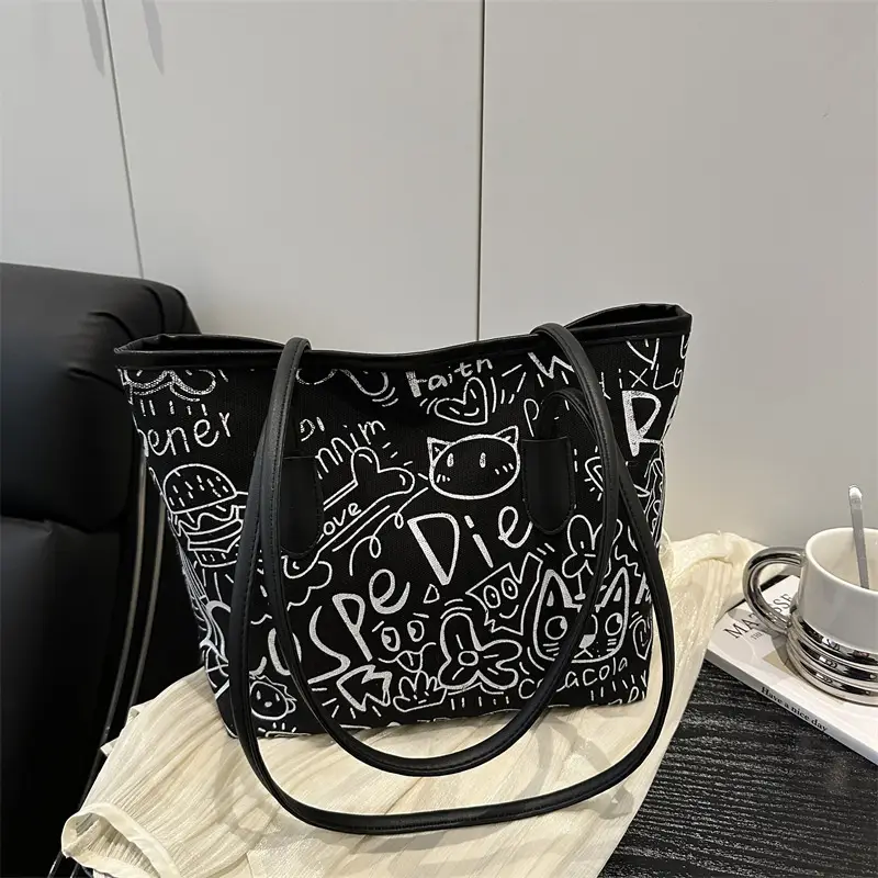 Women Graffiti Canvas Shoulder Bag Literary Large Capacity - Image 6