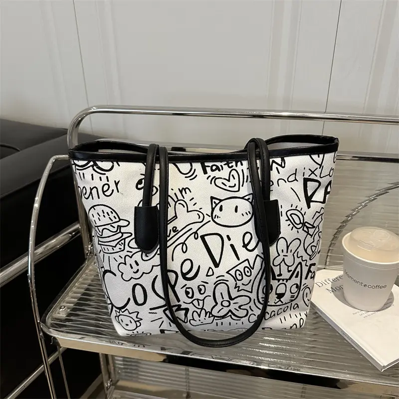Women Graffiti Canvas Shoulder Bag Literary Large Capacity - Image 7