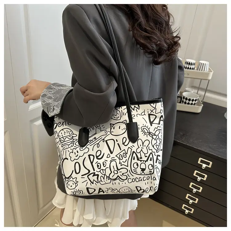 Women Graffiti Canvas Shoulder Bag Literary Large Capacity — feature 11