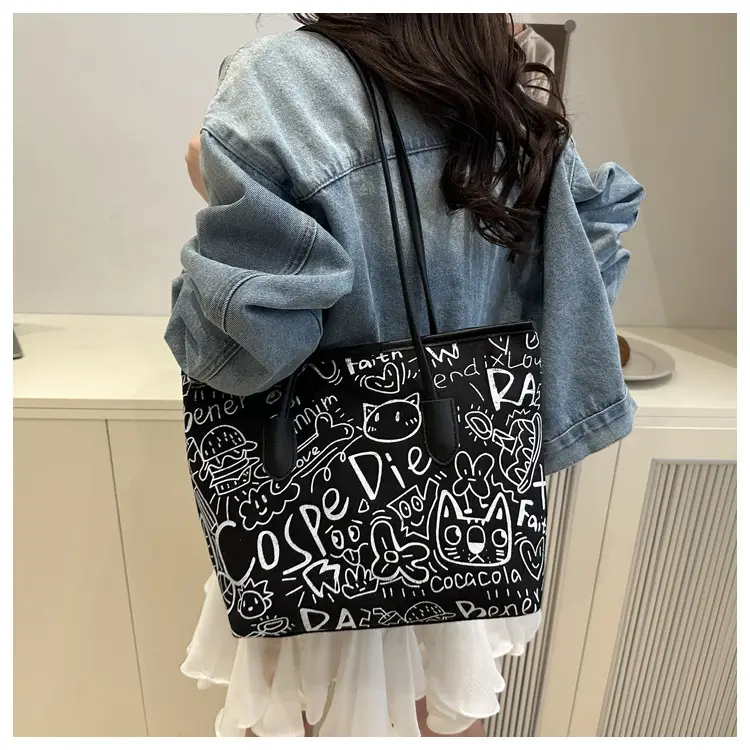 Women Graffiti Canvas Shoulder Bag Literary Large Capacity — feature 17