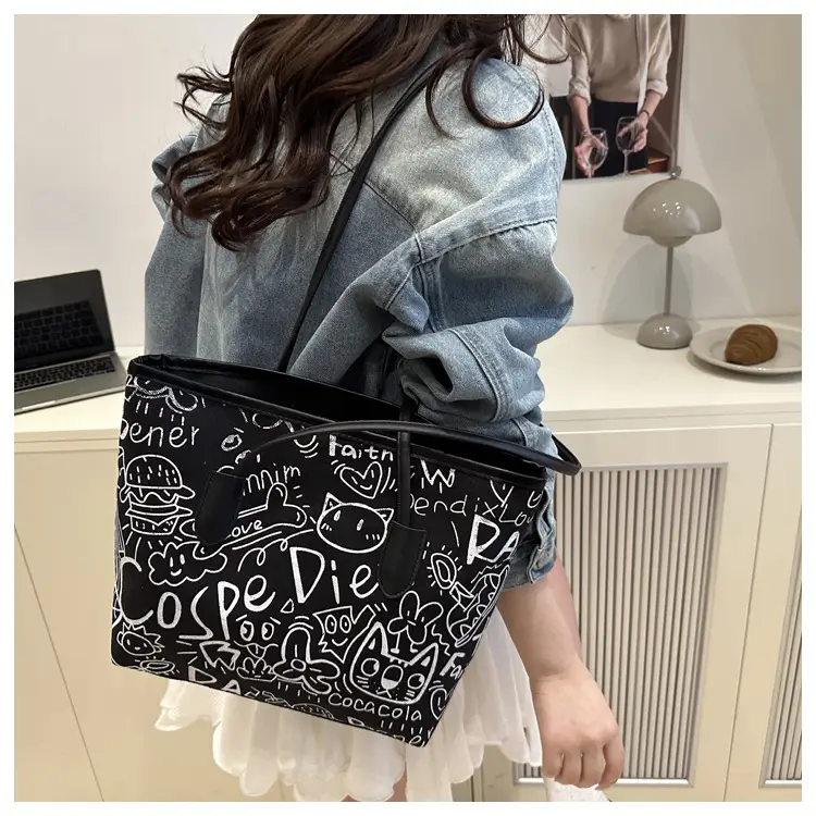 Women Graffiti Canvas Shoulder Bag Literary Large Capacity — feature 19
