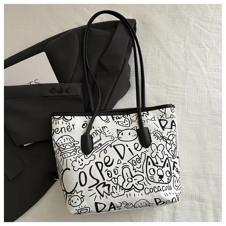Women Graffiti Canvas Shoulder Bag Literary Large Capacity - Image 2