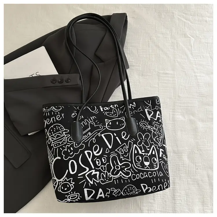 Women Graffiti Canvas Shoulder Bag Literary Large Capacity - Image 3