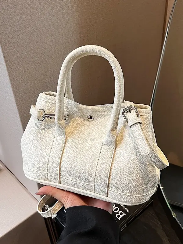 White Leather Hand-Carrying Bucket Bag for Women - Image 9